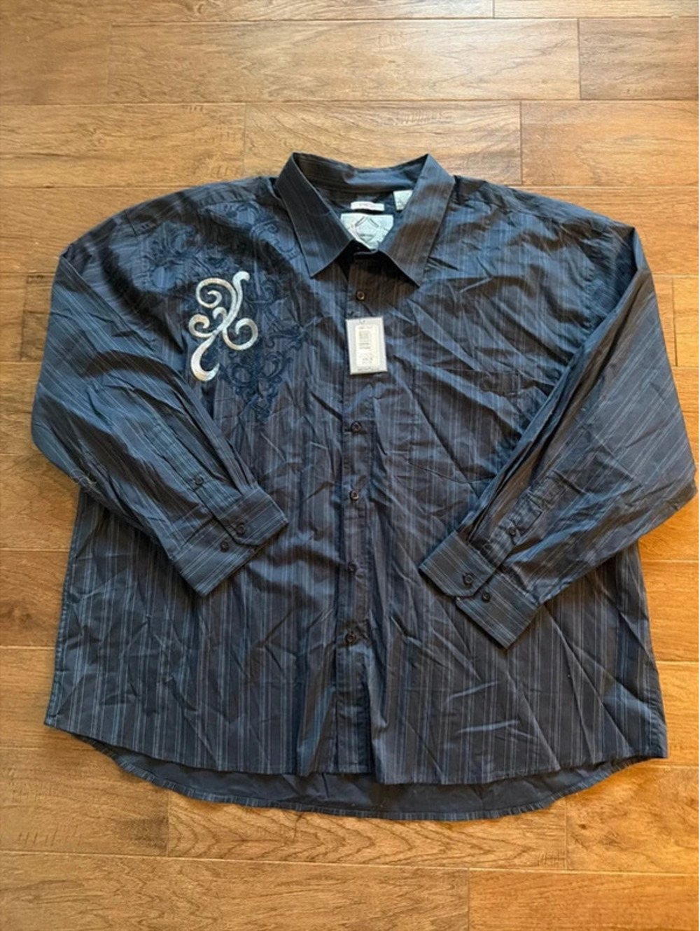 Bruno New York Men’s Large Embroidered Stretch Shirt Black Pinstripe Y2K NWT